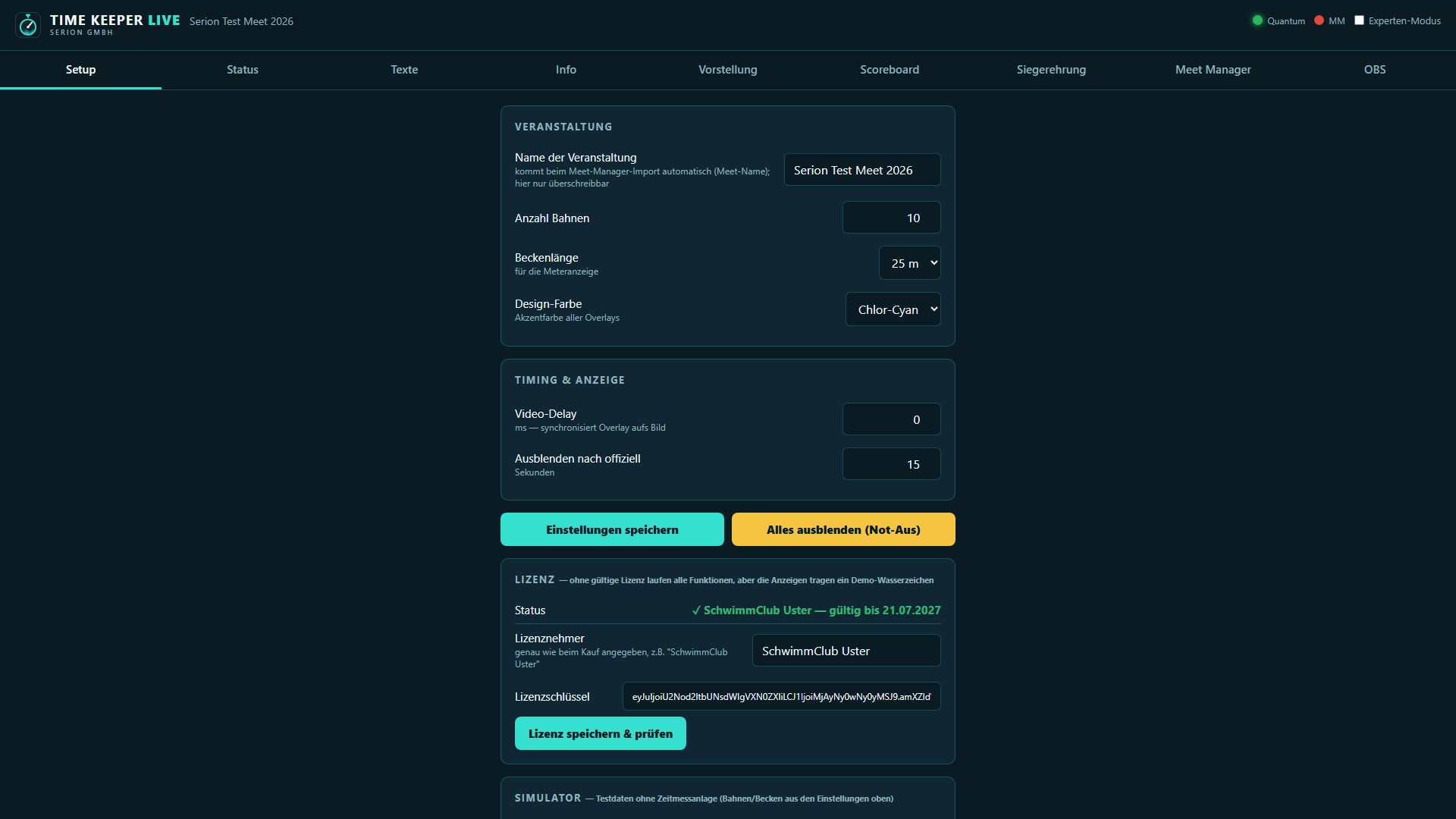 Bedienpanel, Tab Setup